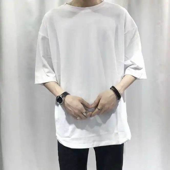 

Combed Cotton Short Sleeve T-Shirt Loose Fit Five Button Men's Basic Shirt Korean Style Summer Pure Color Trendy Base Layer