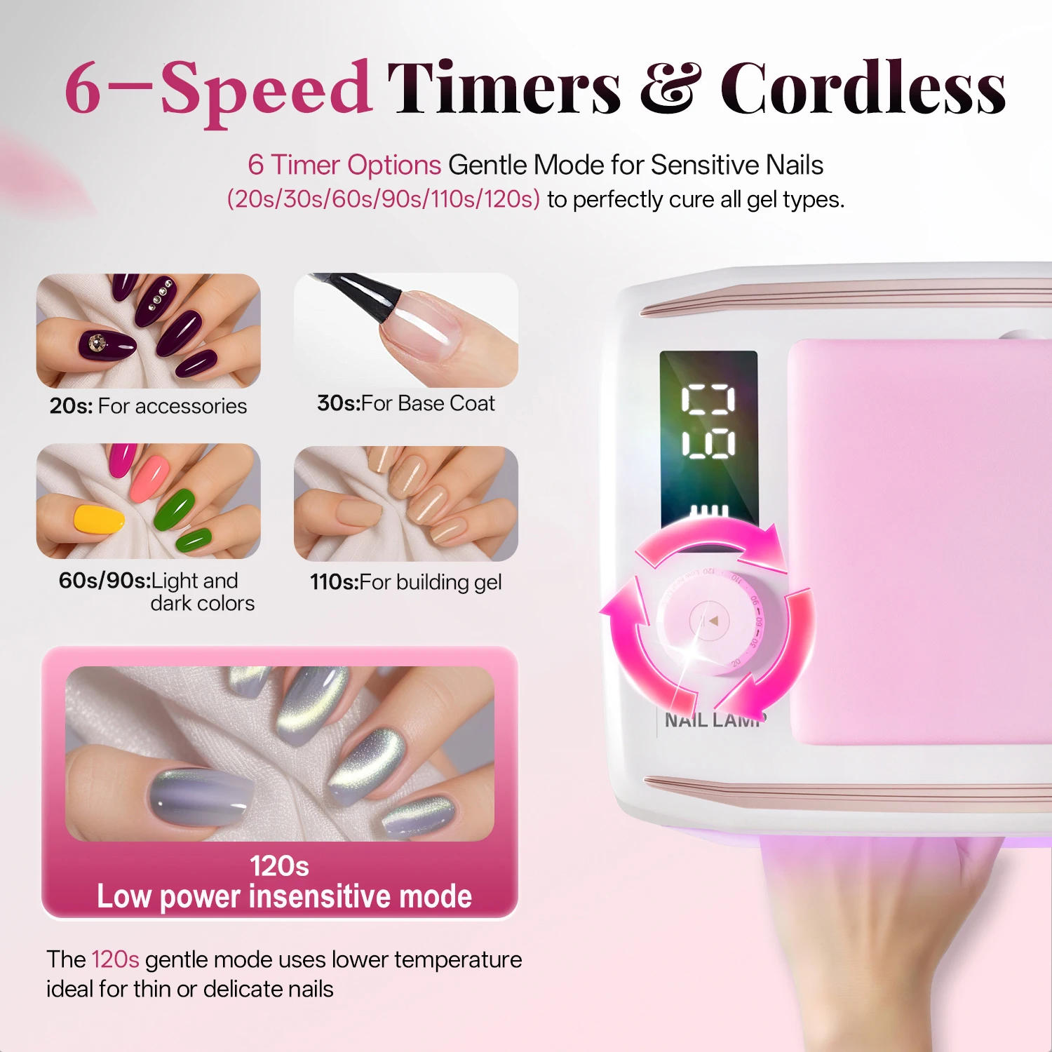ネイルランプ - ジェルネイル用、取り外し可能なアームレスト付き、充電式ネイルドライヤー、6つのタイマー設定、ネイル専門家に最適