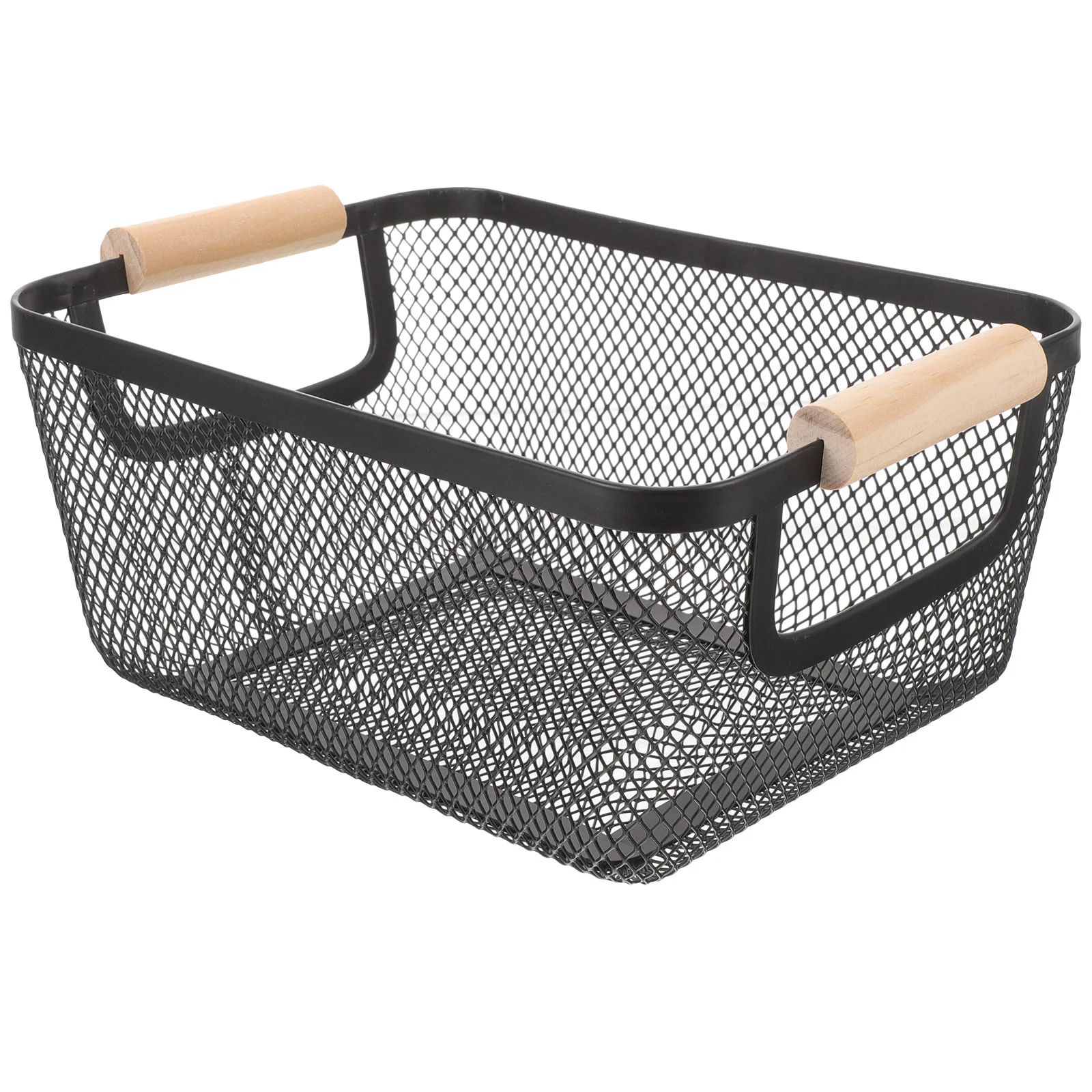 

Iron Metal Mesh Basket Wooden Handle Small Black Rectangular Storage Baskets for ganizing Bathroom Decorative Wire Hamper Nordic