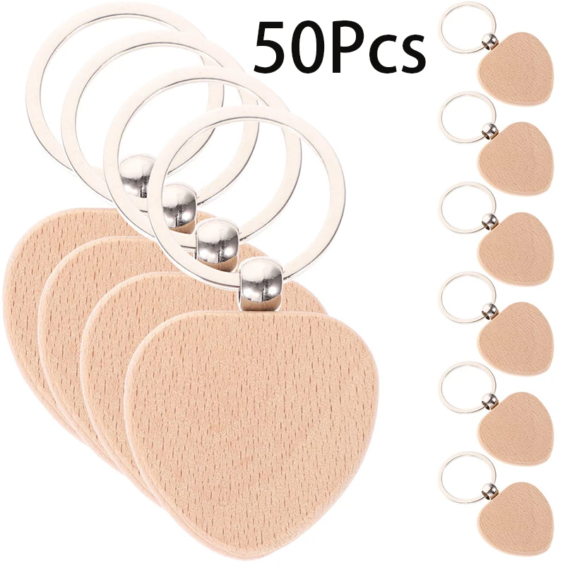 Porte-clés coeur en bois naturel, porte-clés anti-perte, 50 pièces