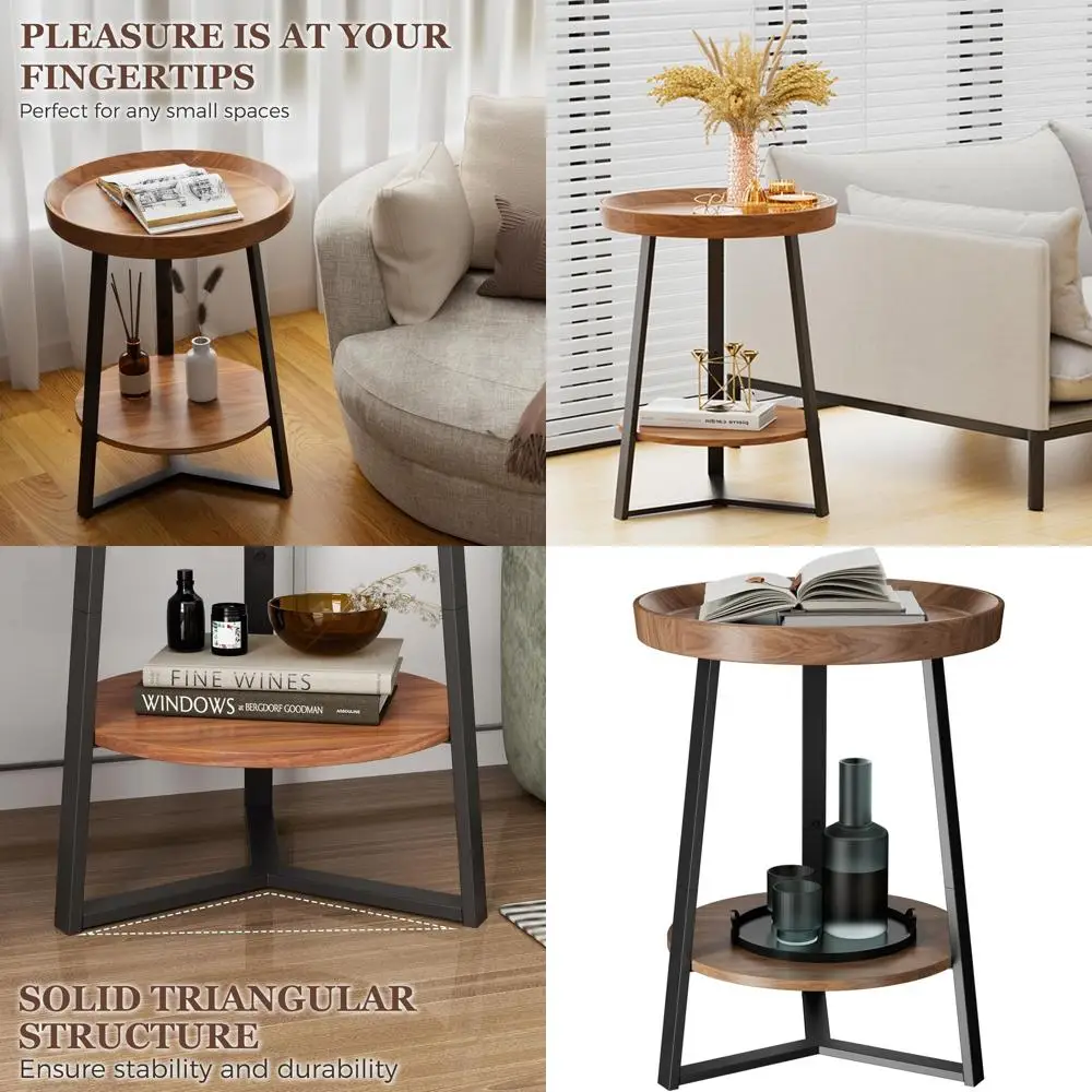 

2-Tier Farmhouse Style Side Table with Storage Shelf, Wooden Top and Black Metal Frame, Brown, 15.7x15.7x23 inches