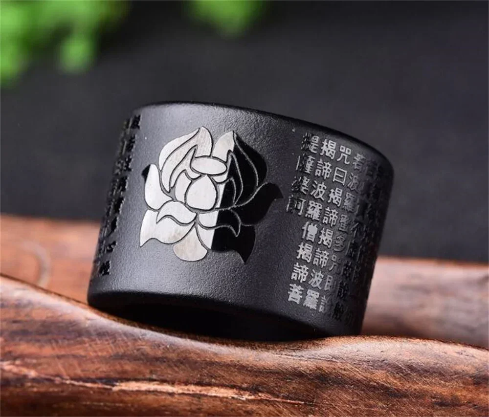 Wonderful 35mm Outside Natural Black Obsidian Carved Lucky Lotus Buddhism Heart Sutra Large Thumb Ring Fine Man's Rings Jewelry