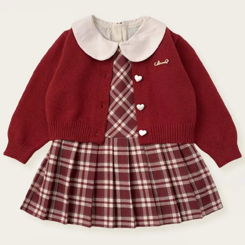 

2024 Autumn Winter New Girls Long Sleeves Knitted Cardigan Plaid Turn Down Collar Sleeveless Dresses Fashion Girl Two-Piece Set