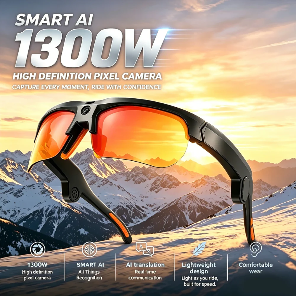 

2026 New 13MP HD Camera Smart Cycling Glasses AI Recognition AI Translation Anti-shake 1080P HD Shooting BT Call Cycling Glasses