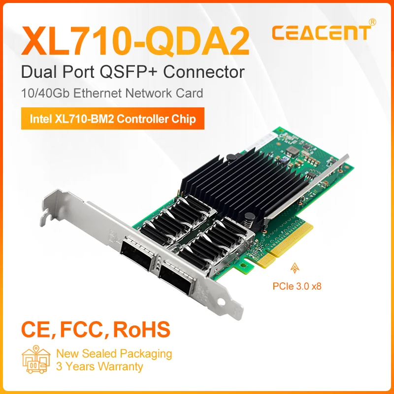 Intel XL710 Chipset XL710-QDA2 40/10GbE Dual Port Server Network Card QSFP+ Connector PCIe 3.0 x8 NIC Low Profile & Full Height