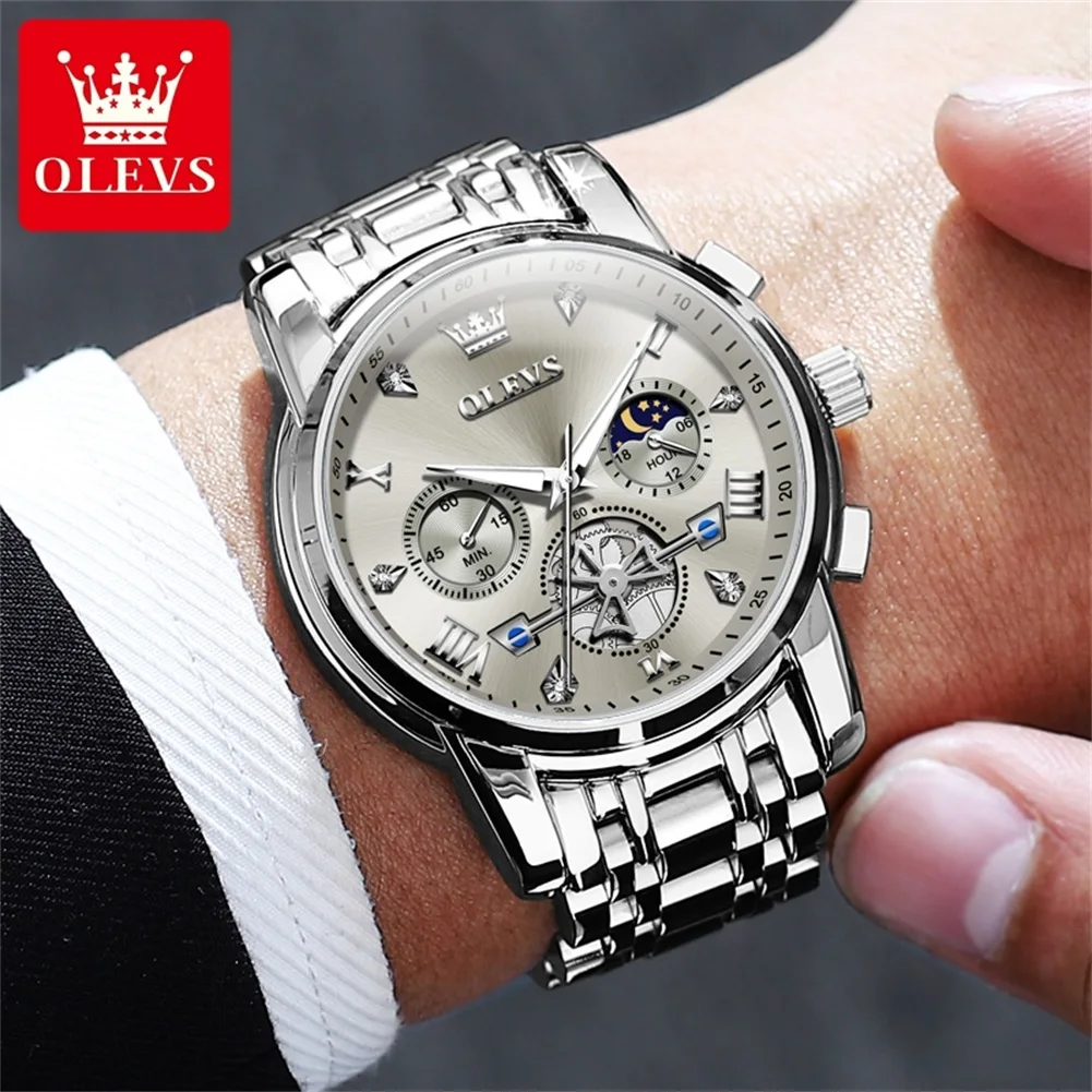 OLEVS 2856 Men\'s Quartz Watches Skeleton Flywheel Chronograph Classic Fashion TOP Brand watch for Men Moon phase Waterproof