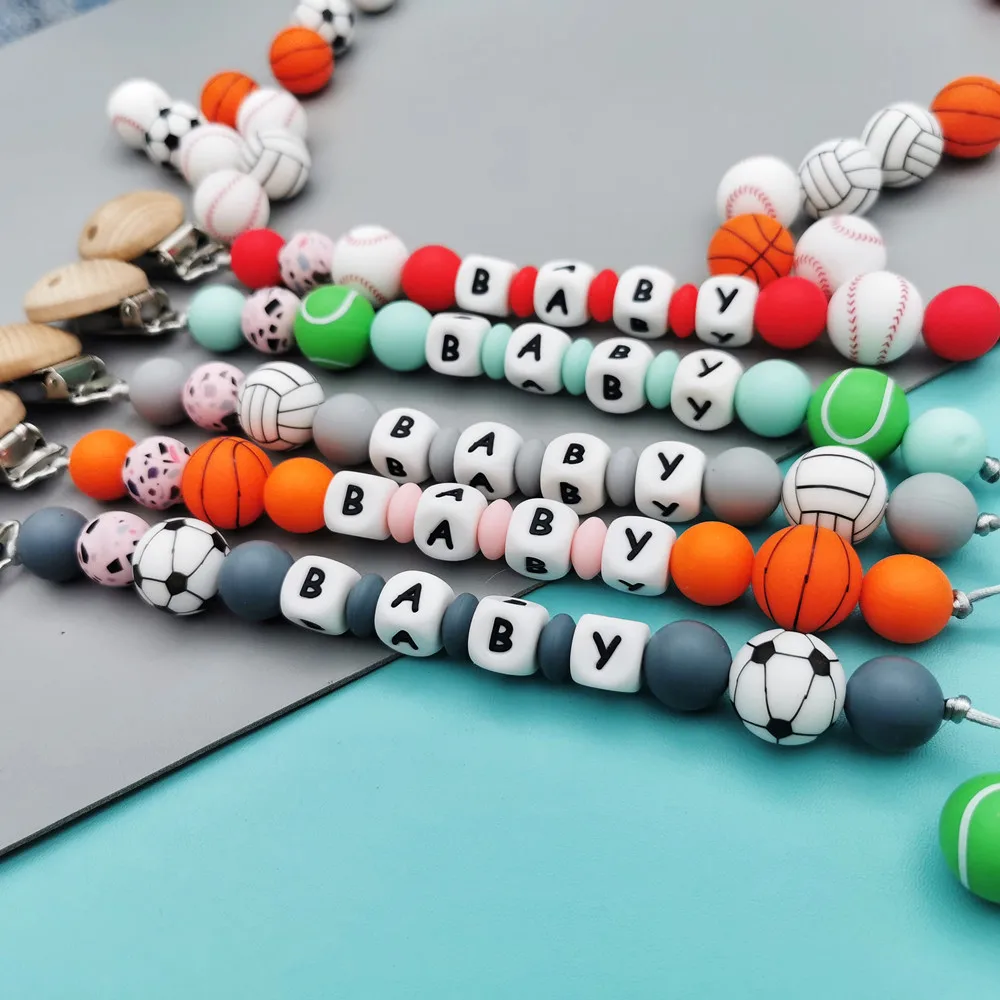 Chupete de bola de silicona con letras en inglés personalizadas para bebé, mordedor con Clips, cadenas, colgantes, juguete Kawaii, regalos