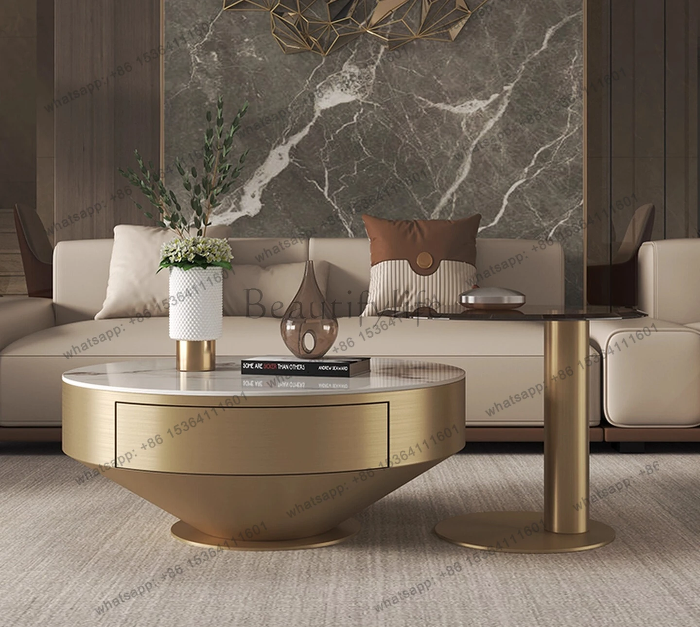 Rock slab coffee table simple modern living room light luxury small apartment round coffee table combination