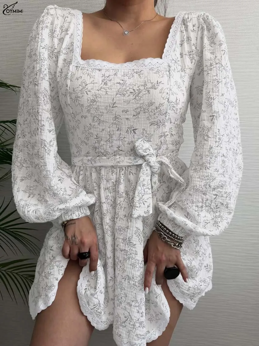 Oymimi Fashion White Print Dresses For Woman Elegant Square Neck Long Sleeve Cotton Lace Dresses Casual New Pleated Mini Dress
