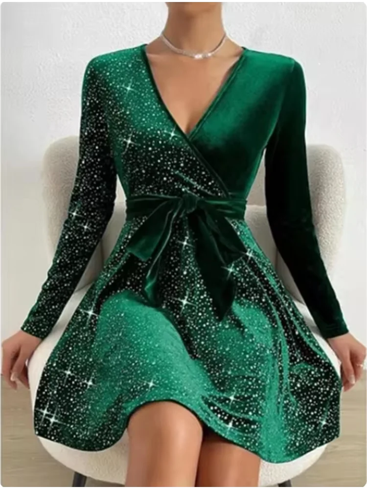 Women's V-neck Sexy Long Sleeved Sequined Solid Color Dress High Street Fashion Elegant Party Evening Dresses