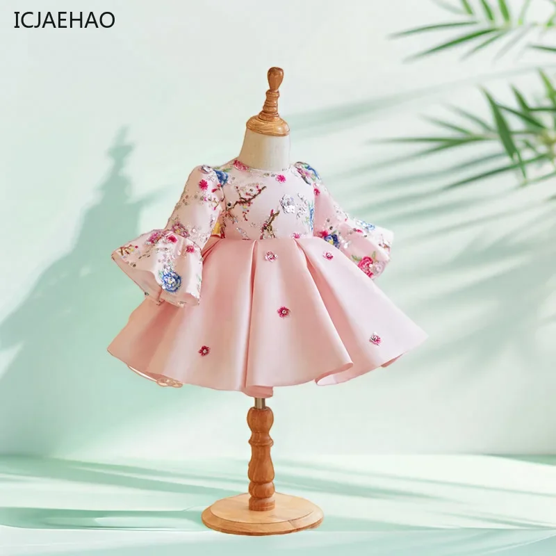 2025 New Girl Dress Satin Spring Banquet Hundred Days Newborn Baby Birthday Children's Dresses Clothing Pink Clothes Vestido