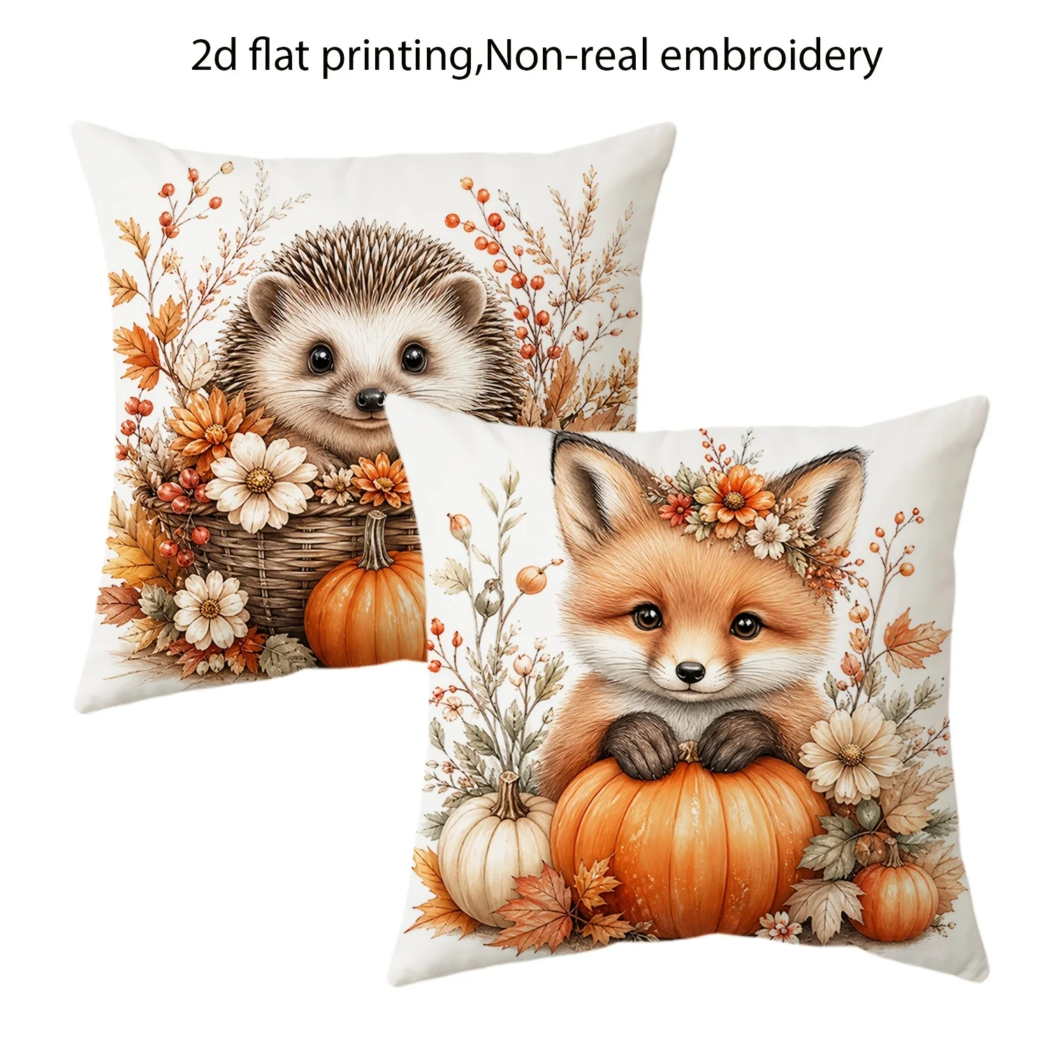 4Pcs Double‑Sided Boho Forest Animal Pumpkin Pillow Covers, Fox Squirrel Hedgehog 2D Flat Print Zipper Cushion Cases for Sofa