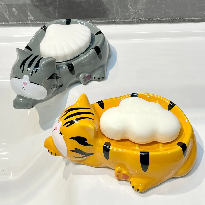 Orange/Gray Cartoon Cute Cat Bathroom Soap Holder with Drain Water Ceramic Soap Box Storage Case Container Bathroom Accessories