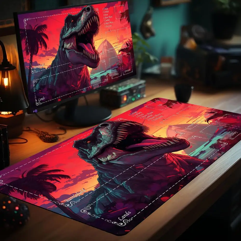 Tapete de juego MTG con temática de dinosaurios de estilo neón, tapete de batalla de cartas mágicas con borde cosido antideslizante, tapete de juego de mesa MTG.