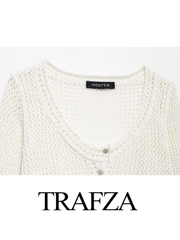 TRAFZA Women Summer Elegant Sweater Hole Decorate O-Neck Romantic Style Long Sleeves Single Breasted Knitted Cardigan Coat Mujer