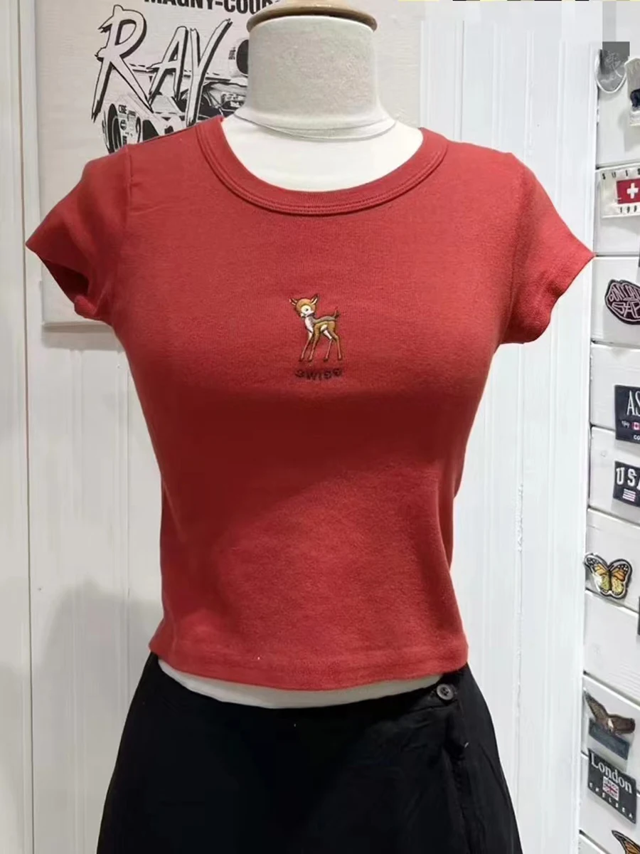 

Deer Embroidery Graphic Crop Top Women 2023 Fashion O-Neck Slim Short Sleeve Cotton Tees Y2k Streetwear Vintage Animal T-Shirt