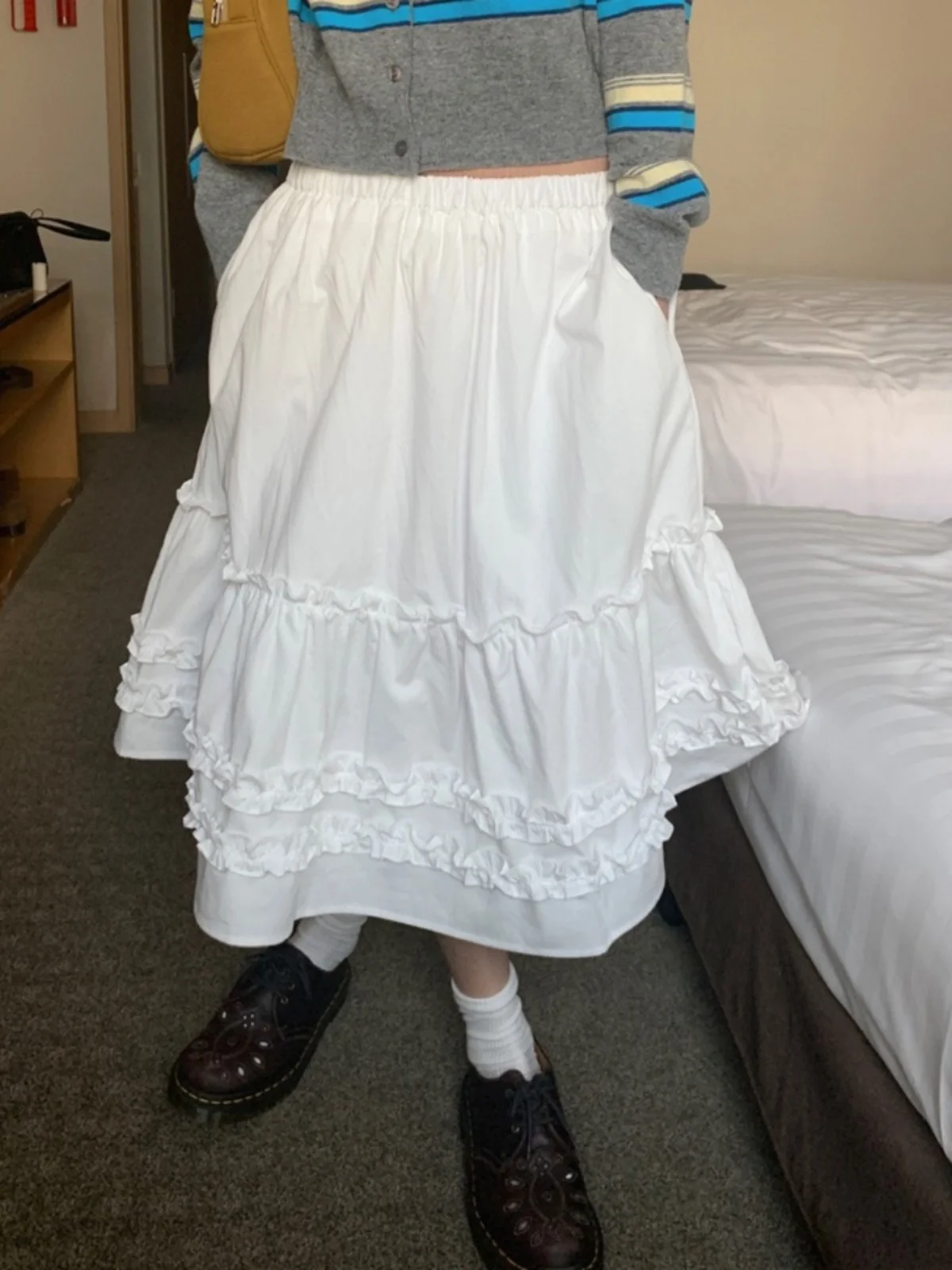 

Spring Faion White Elastic Waist A-Line Skirt Women's Chic Sweet Small Size Gored Hem Korean Sle High Waist Midi Skirt