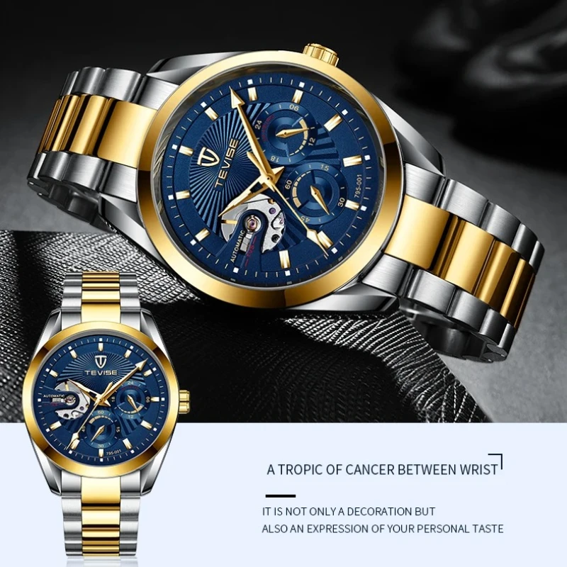 TEVISE 001 Brand Business Men's Automatic Mechanical Watch Stainless Steel Strap Stopwatch Waterproof Fashion Watches for Man