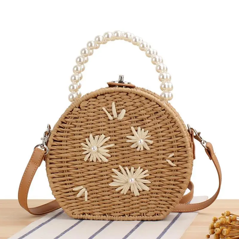 Pearls Handle Straw Bag Handbags Paper Rope Woven Bags for Women 2024 Bohemian Clip Shoulder Crossbody Bag Flower Purses Clutch
