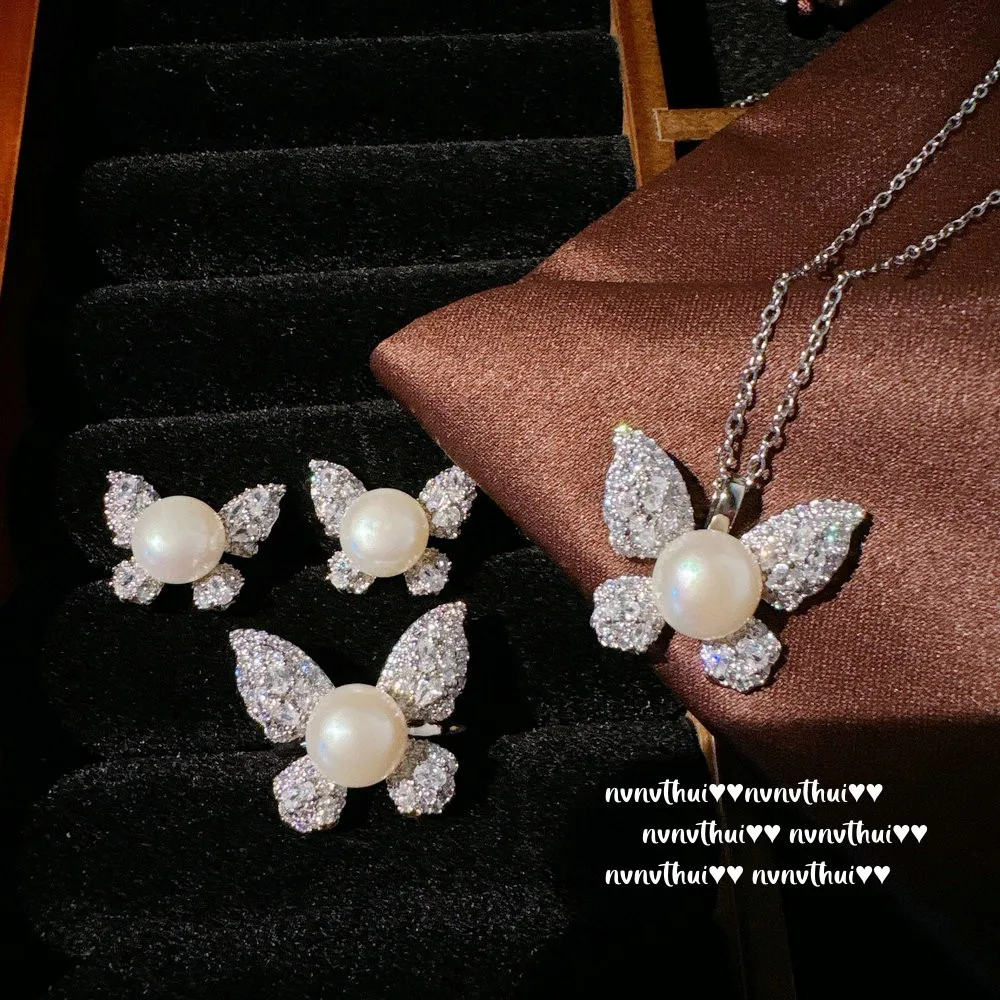 4pcs/set Temperament Freshwater Pearl Vintage Butterfly Jewelry Sets Full of CZ Elegant Resizable Ring Earring Necklace Chain