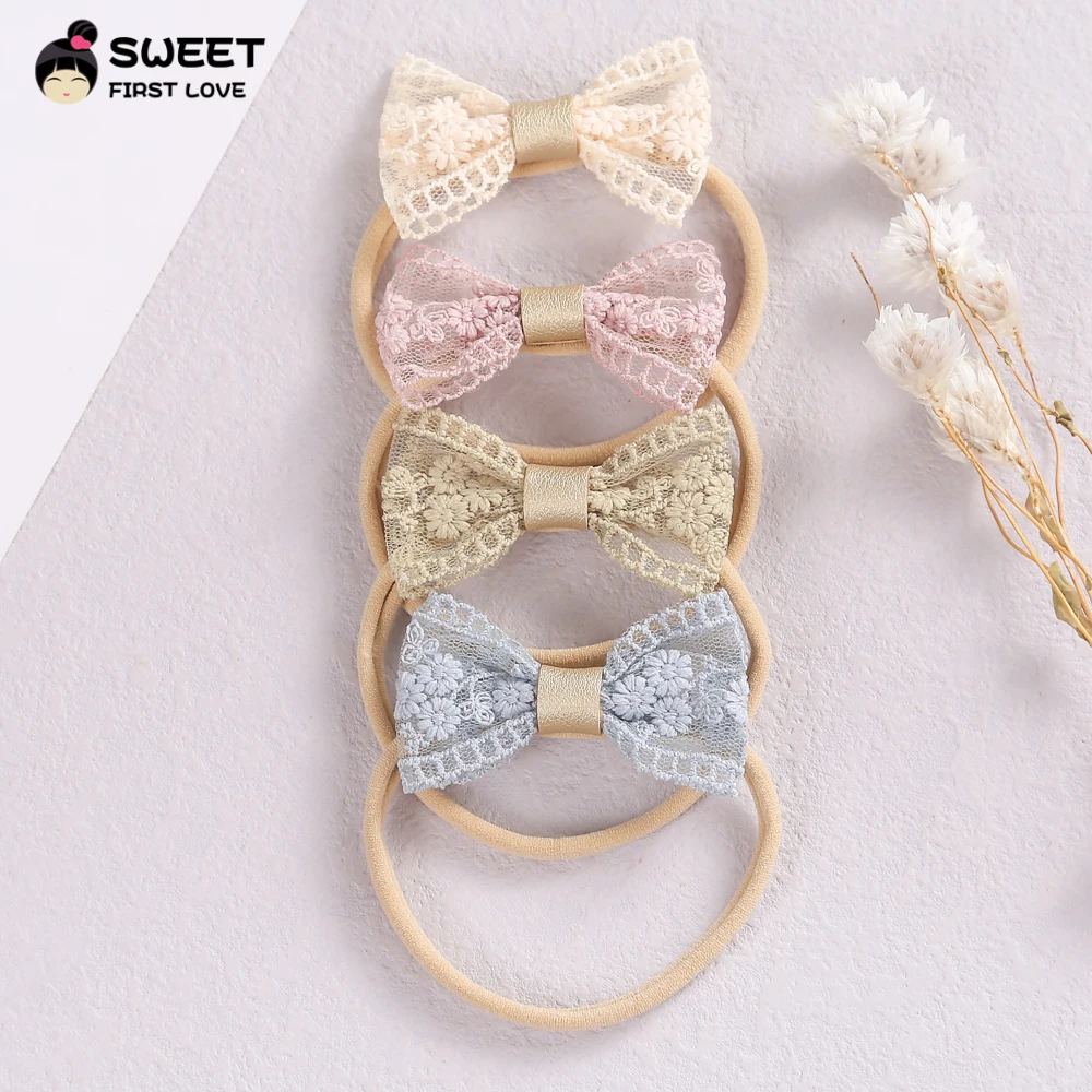 4Pcs/Set Lace Bows Baby Girl Hair Bands New Kawaii Soft Nylon Elastic Headband Kids Headwear Newborn Baby Hair Accessories