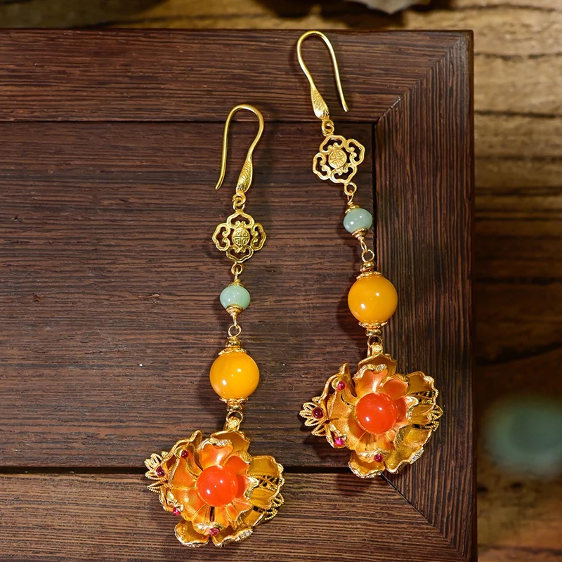 

Серьги из натурального южного красного агата, длинные серьги в китайском стиле из стерлингового серебра с позолоченным цветком пиона