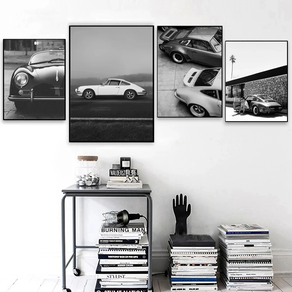 

Black White Fashion Luxury Brand Race Car Art Prints for Porsche Vehicle Posters Old 911 Canvas Painting Living Room Decor