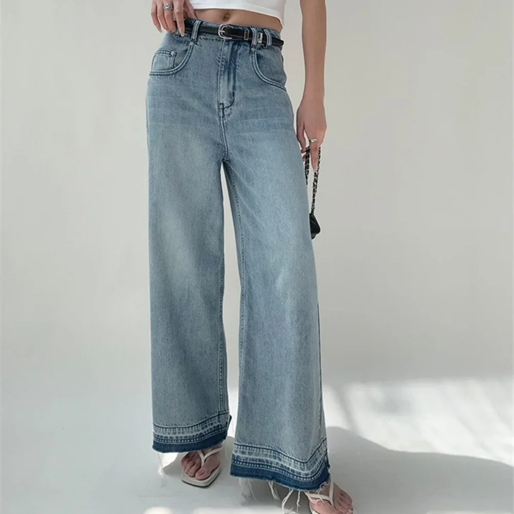 Spring and Summer New High Waist Wide Leg Shadow Feet Edge Denim Pants Female