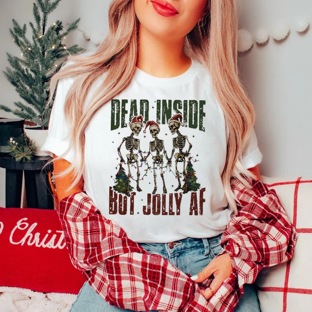 Christmas Skeleton Trendy Retro Pattern T-Shirt Fashionable and Versatile Women's Printed Merry Christmas Printed T-Shirt