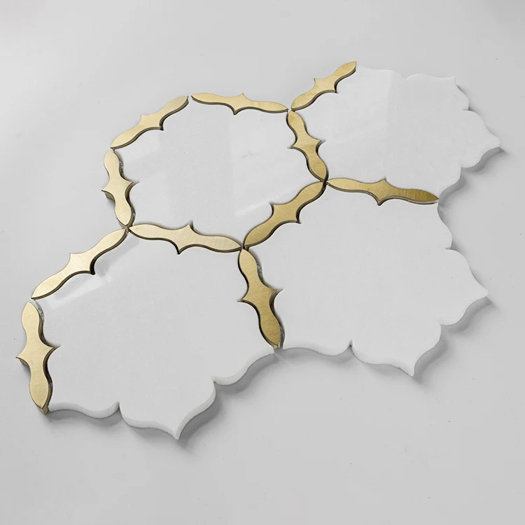 

Marble water jet mosaic tiles gold inlay brass mosaic bathroom wholesale floor tile pattern villa decoration luxury
