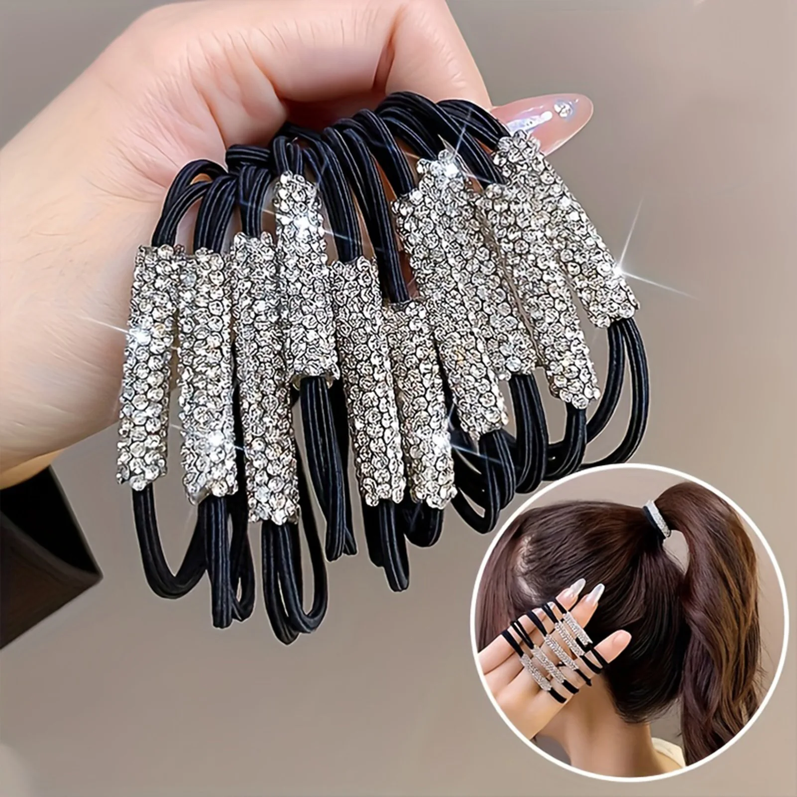 

10pcs Rhinestone Hair Ties High Elasticity Black Hair Rope Women Scrunchies Hair Accessories For Ladies Girls Party Hair Jewelry