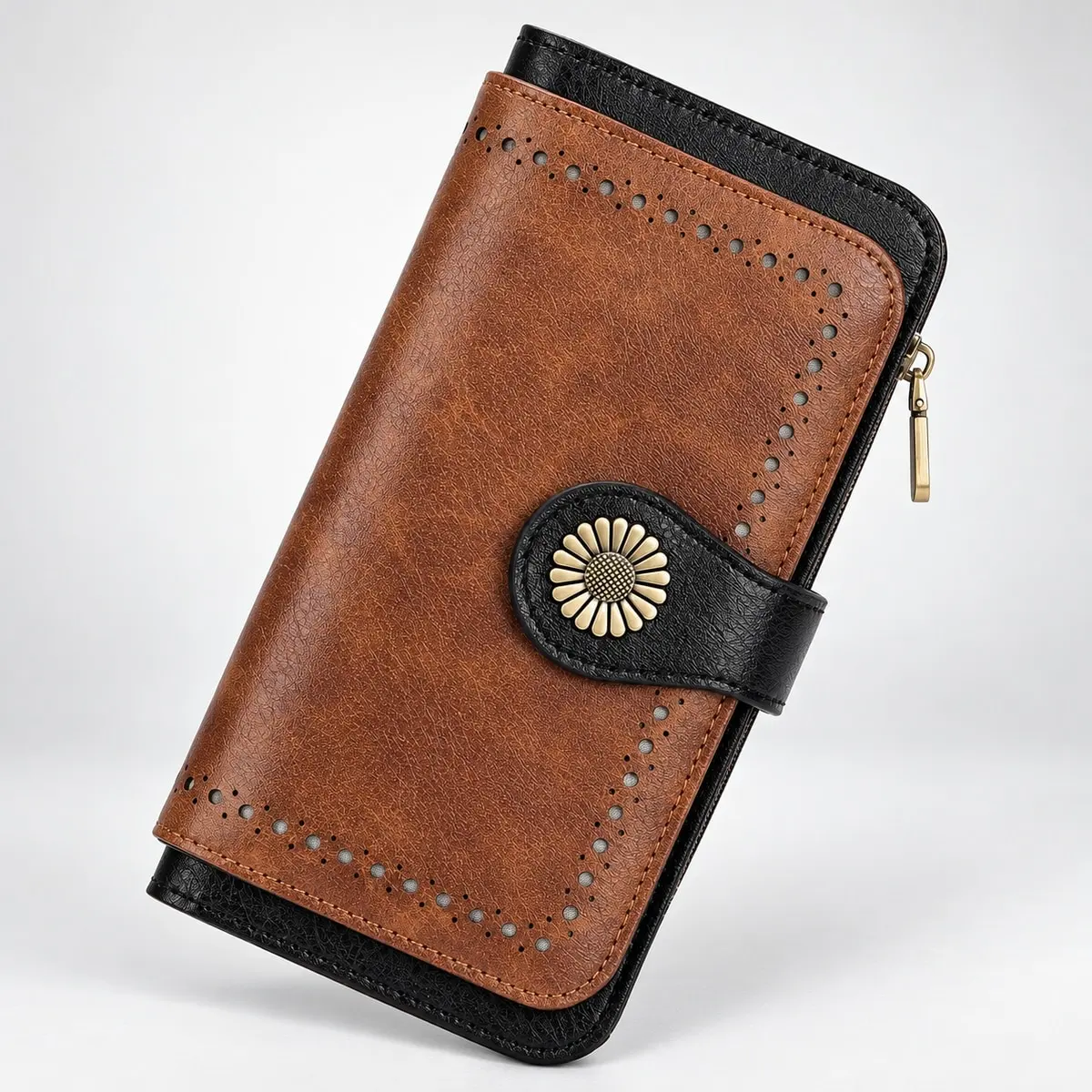 PU Leather Long Wallet for Women Clutch Purses Black and Brown Color-blocking RFID Card Holder Handbags Three Fold Billfold