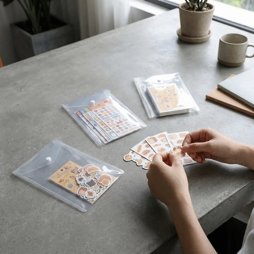 12PCS Waterproof Clear Sticker Organizer Plastic Envelopes with Snap Scrapbook Stamp Storage Bag 4 Size Die Storage Pockets Home