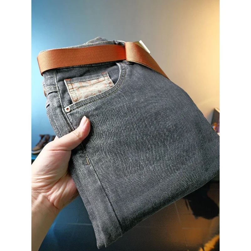 Male Gray Jeans Fashion Street Free Belt All-Match Stretch Trousers Men's Fashion Wear Casual Handsome Pants for Men