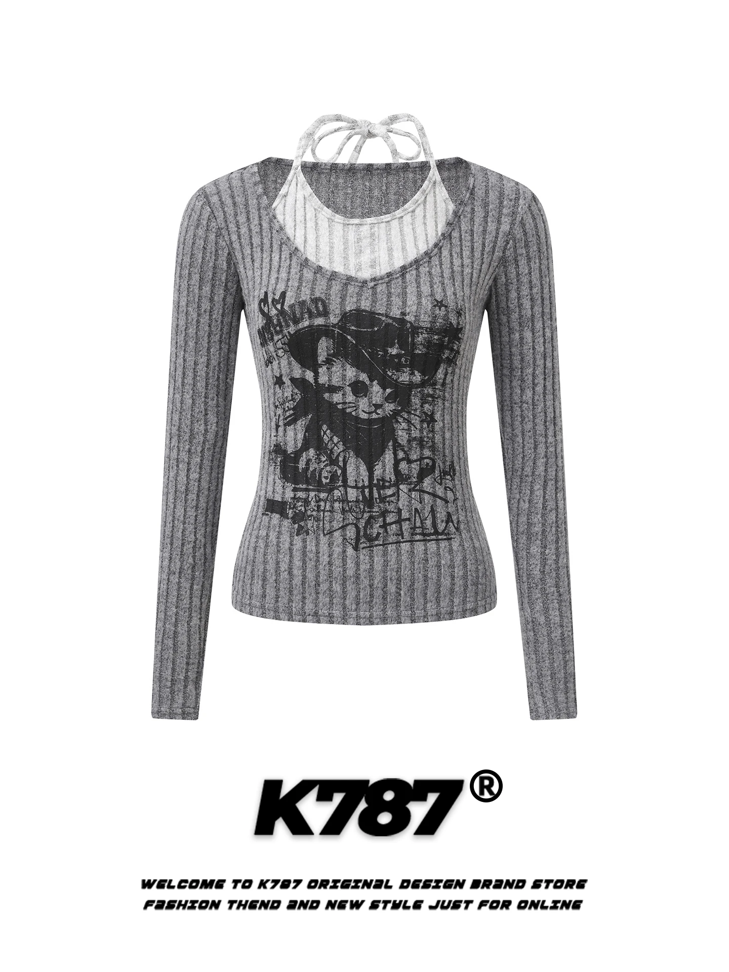 

K787 American Retro Long Sleeve Short T-shirt Women's Sweet Spicy Girl Anti-Aging Spring Street Style Casual V-neck Top