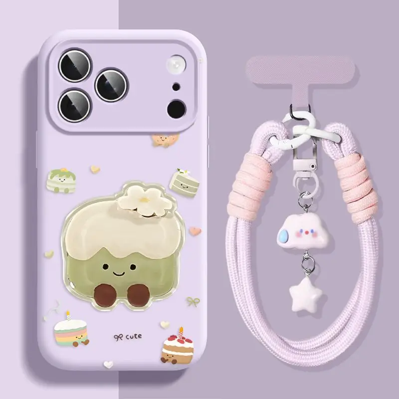 

Kawaii Minimalist Dessert Pattern Phone Case with Wrist Strap for IPhone17 16 15 14 13Pro Max Slim Protective full coverage Case