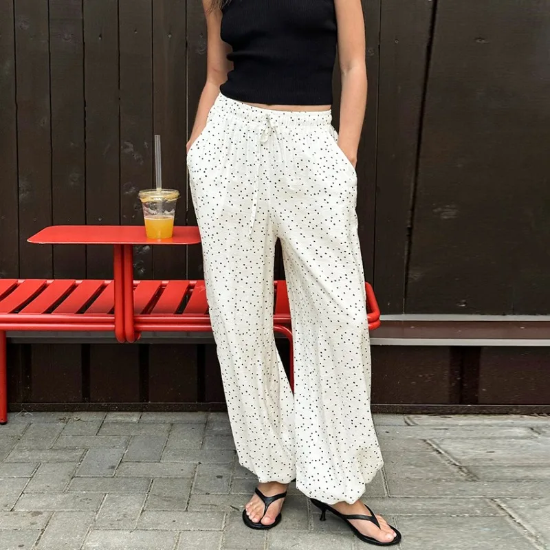 

Talenza Women’s White Pants Summer Fashion Polka Dot Casual Loose Straight-Leg Trousers Elegant Commuter Trousers Women Clothes