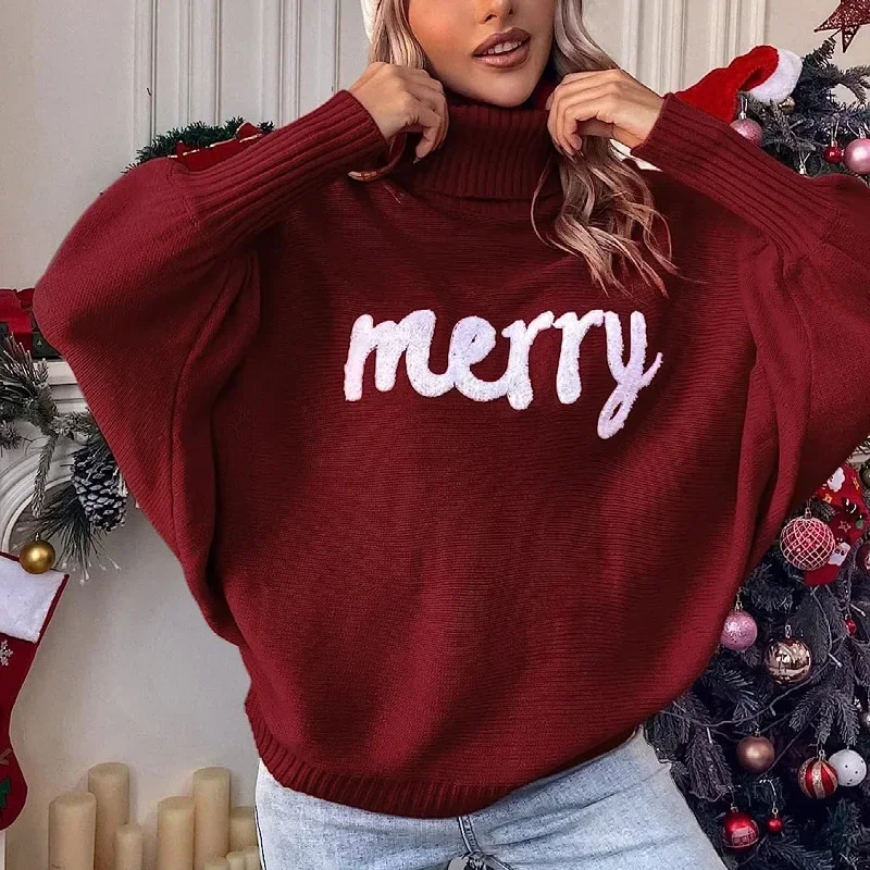 Christmas Knitted Sweater for Women 2025 New Turtleneck Bat Sleeve Loose Pullover Red Merry Letter Embroidered High Neck Sweater