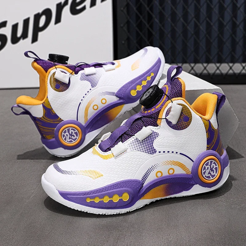 New children's casual sports shoes with rotating buttons, colorful basketball shoes, fashionable, cool, non-slip and comfortable