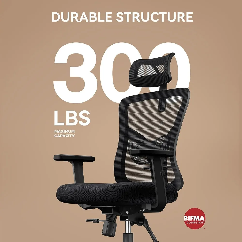 Ergonomic Office Chair, Desk Chair with 2'' Adjustable Lumbar Support, Headrest, 2D Armrest, Office Chair Backrest 135° Rocking