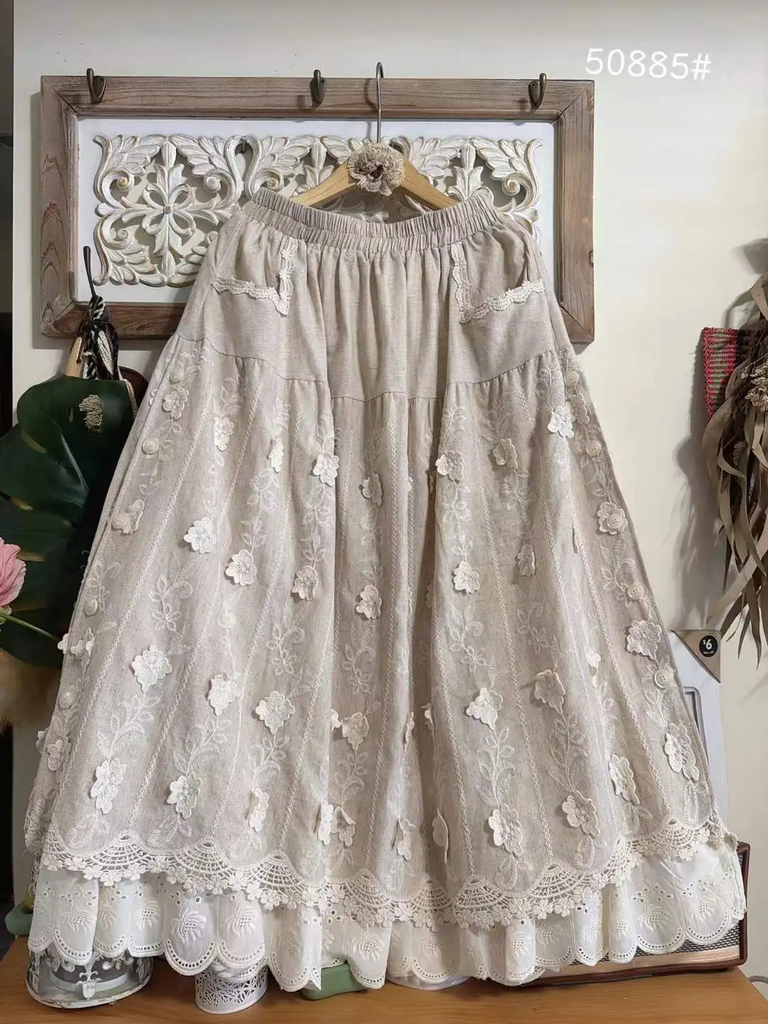 2026 Mori girl long skirts Japan style spring elastic waist  cotton linen black beige 3d flower lace embroidery long skirts