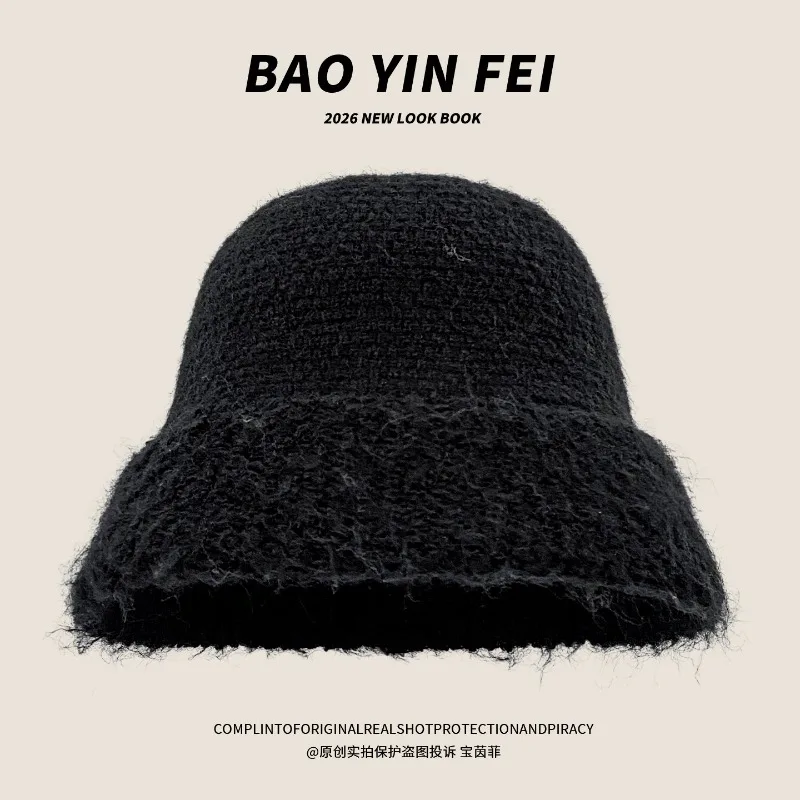 Einfache koreanische Plüsch-Strick-Fischerhut für Damen, warm, elegant, für Herbst und Winter, für große Köpfe, mit breiter Krempe, Kuppel-Eimerhut – Detail 4