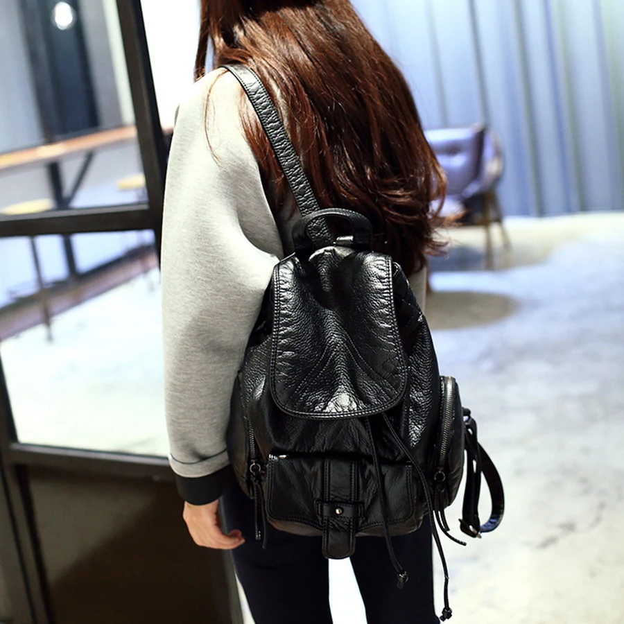 Soft Leather Women Backpack Large Travel Shoulder Bag Female Daypack Black Flip-Top Bagpack Laptop School Bag for Teenage Girls