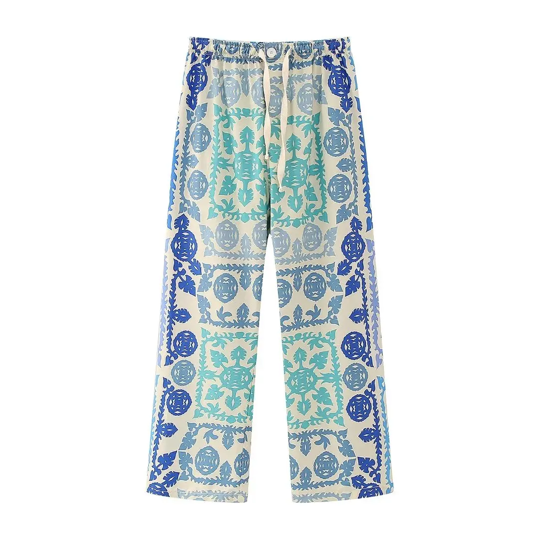 GDSTUFF Wide Leg Pants Elastic Waist With String Printed Summer Vacation Clothing Loose Fit Women Long Trousers