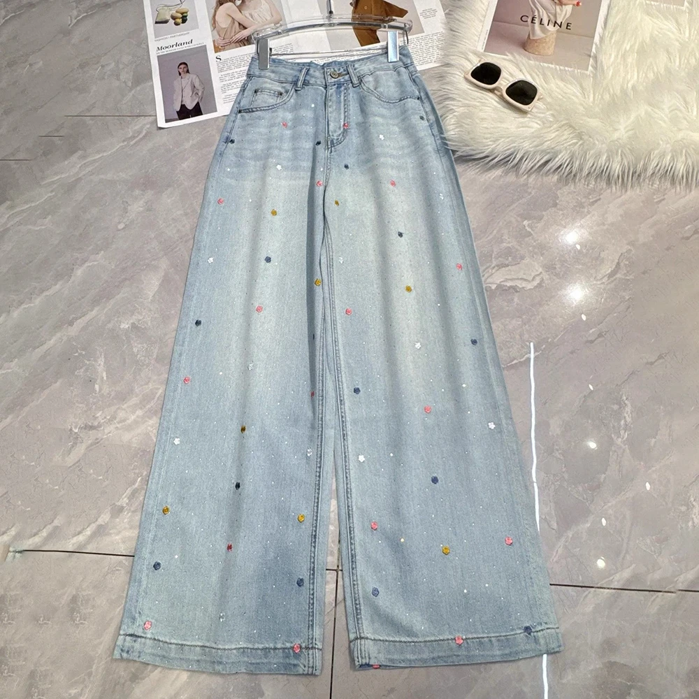 

Chic Embroidery Floral Blue Jeans for Women Spring Autumn High Waist Diamond Glitter Denim Pants Female Straight Wide Leg Jeans