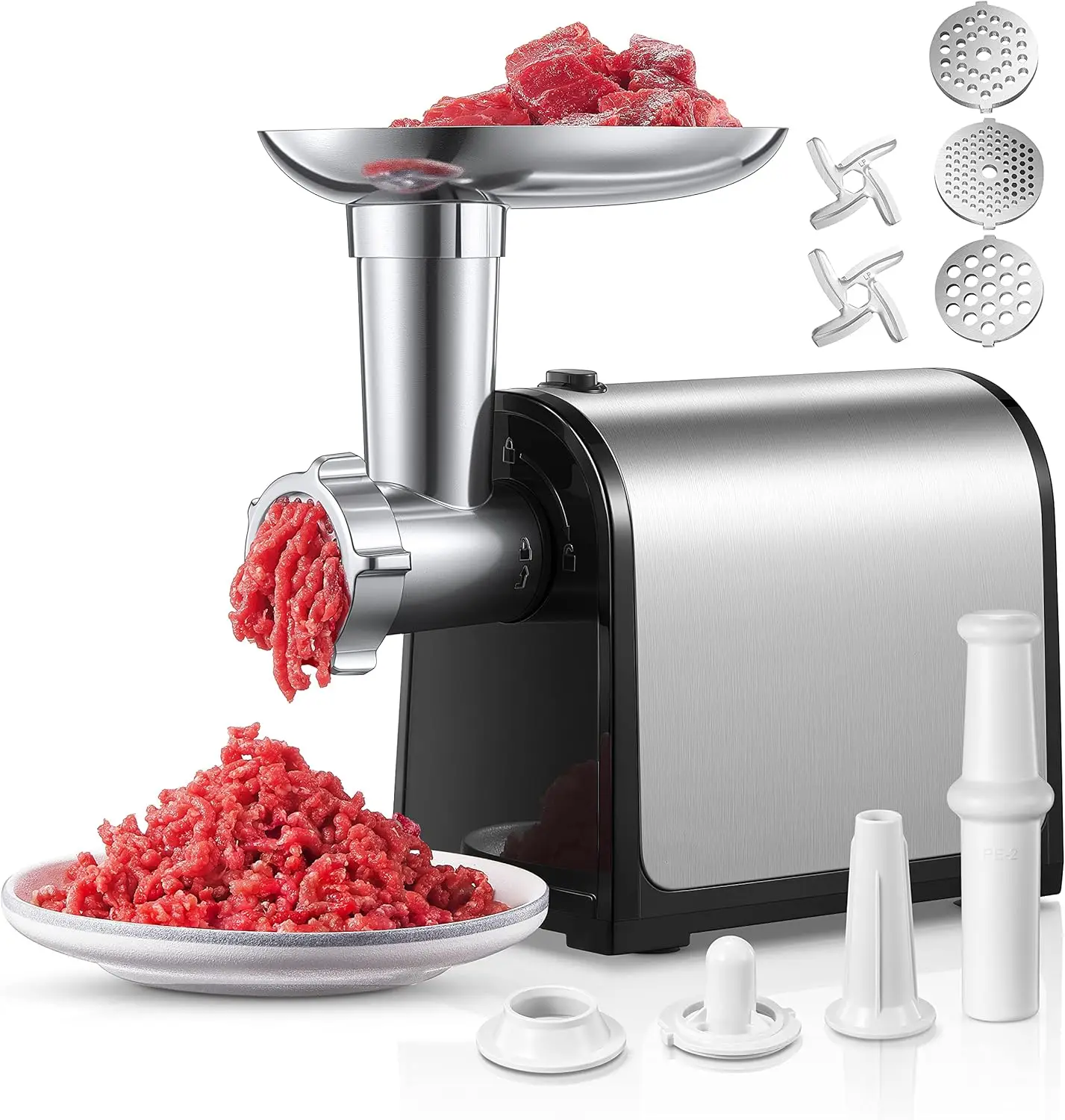 

Meat Grinder Electric, Stainless Steel, HOUSNAT 3 in 1 Meat Grinder Heavy Duty with 2 Blades and 3 Plates, Sausage Stuffer Tube