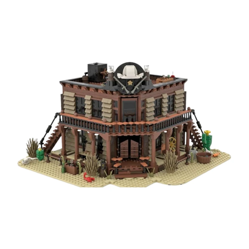 Spot MOC- 148787   Kleine deeltjes geassembleerde bouwstenen Westerse architectuur Bar Houten huis Model Puzzel Speelgoedornament