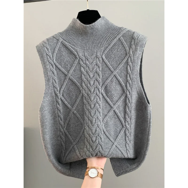 

Двусторонний вязаный свитер, жилет, женский свободный крой, открытый кардиган с высоким воротником, чистый цвет, осень-зима, новый Sle