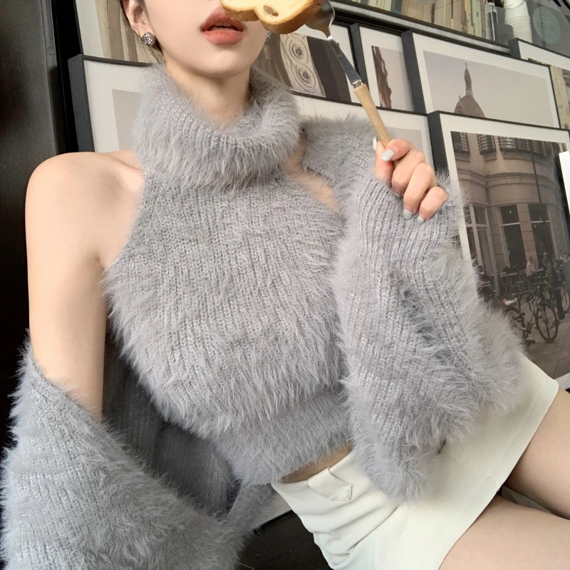 

2023 Winter Women Korean Style Retro Warm Soft Mink Cashmere Cardigan + Vest 2 Pieces Sets Long-sleeved Slim Knit Jacket Tops