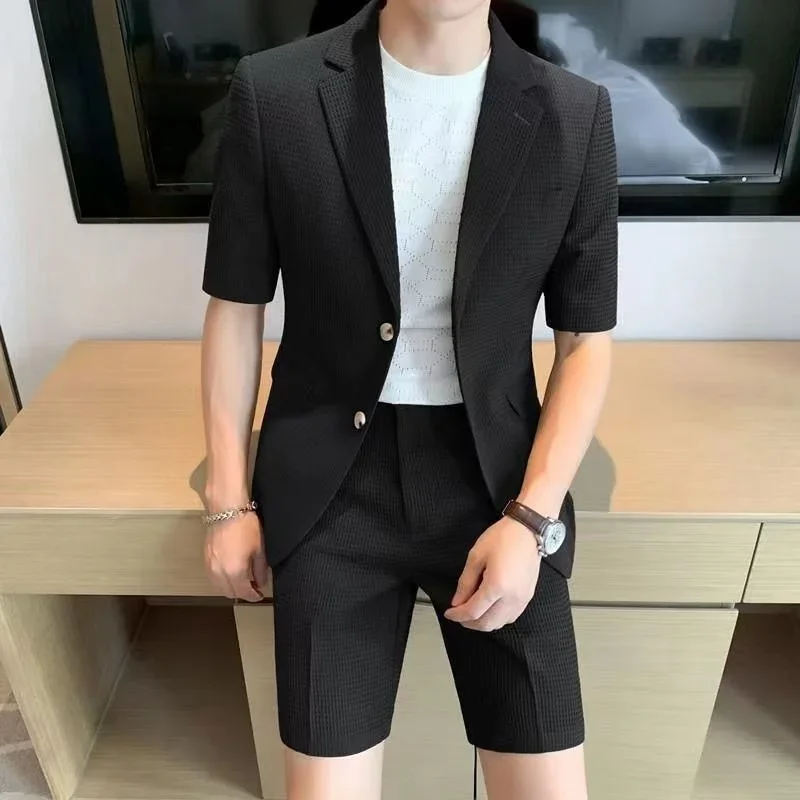 

Men's Shorts Suit Jacket Sets Summer Thin High End Korean British Fashion Casual Short Sleeve Clothes Men Green Black Coffee